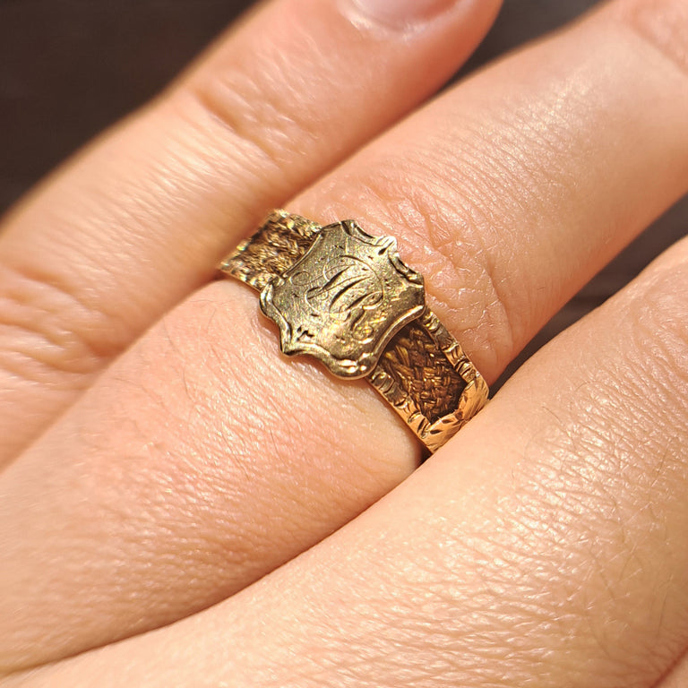 The Antique Victorian 'M.R' Initials and Hairwork Mourning Ring