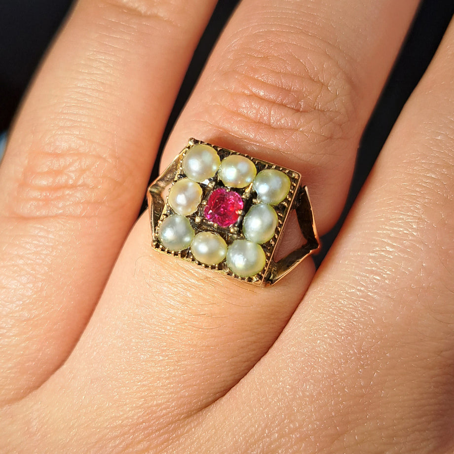 The Antique Victorian Pearl and Ruby Cluster Ring
