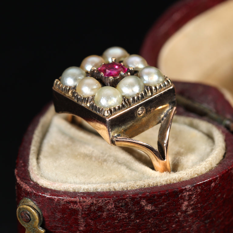 The Antique Victorian Pearl and Ruby Cluster Ring