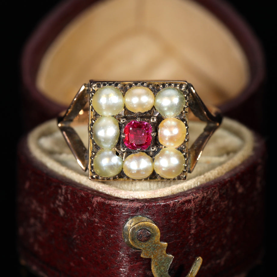 The Antique Victorian Pearl and Ruby Cluster Ring