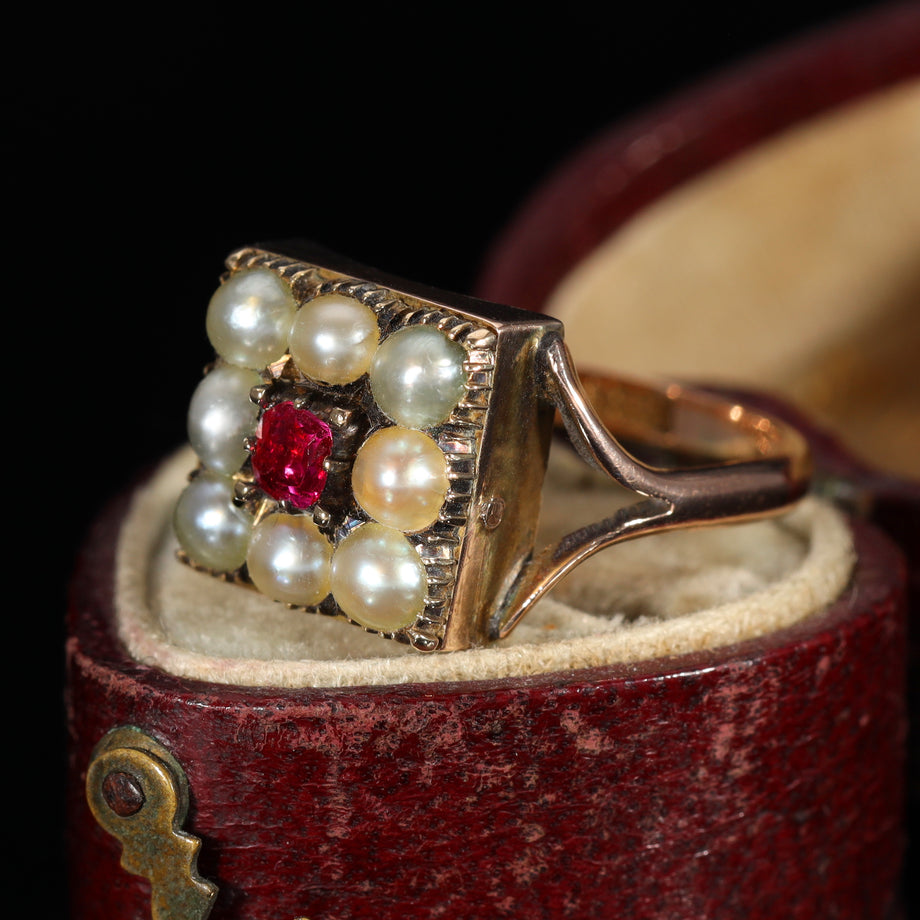 The Antique Victorian Pearl and Ruby Cluster Ring