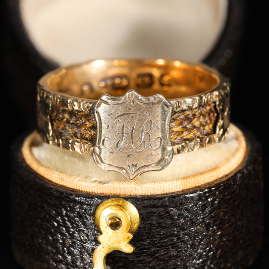 The Antique Victorian 'M.R' Initials and Hairwork Mourning Ring