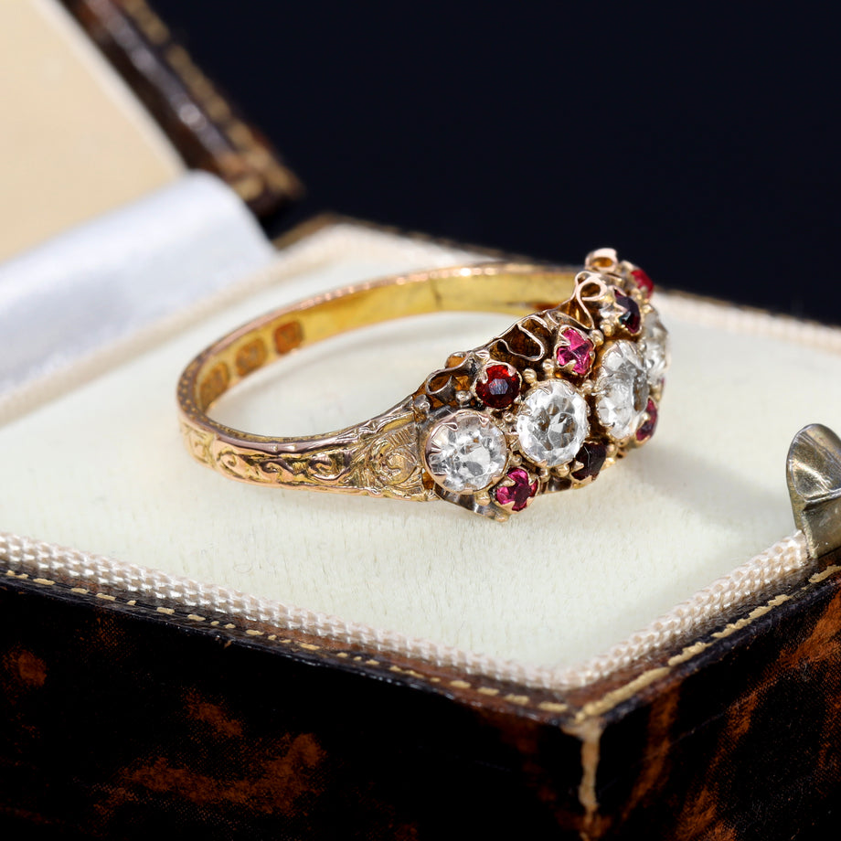The Antique 1872 Garnet and Rock Quartz Ornate Ring - Antique Jewellers