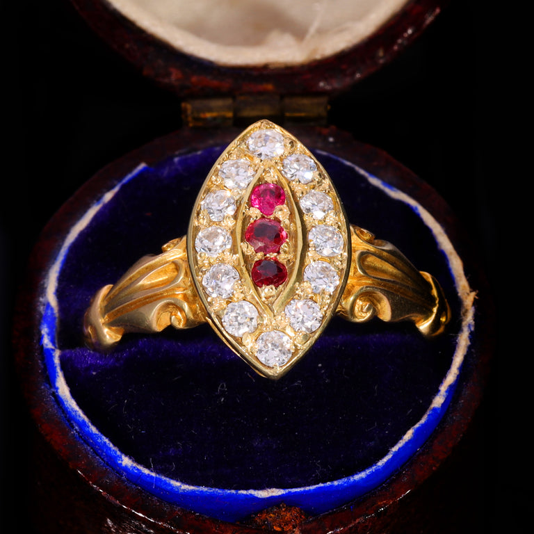 The Antique Victorian Ruby and Diamond Navette Ring