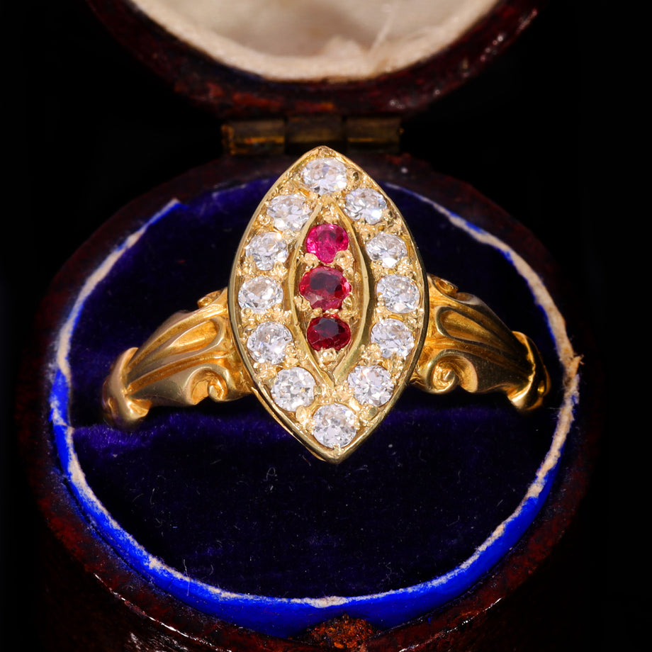 The Antique Victorian Ruby and Diamond Navette Ring