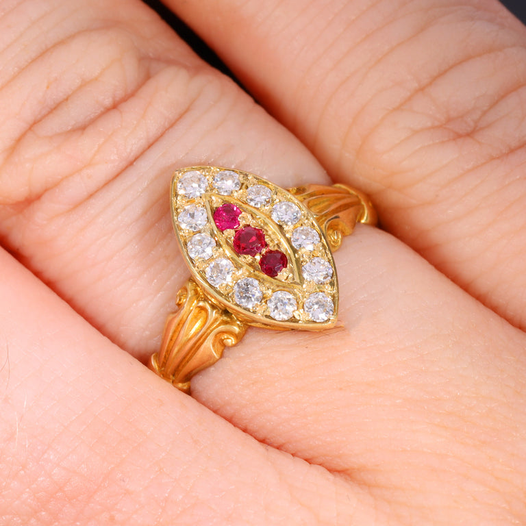 The Antique Victorian Ruby and Diamond Navette Ring