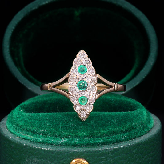 The Vintage 1990 Emerald And Diamond Navette Ring