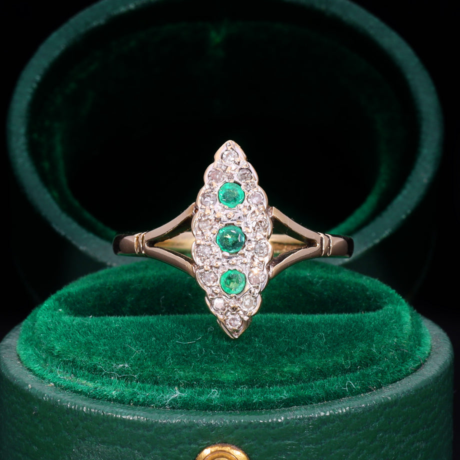 The Vintage 1990 Emerald And Diamond Navette Ring