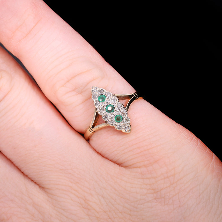 The Vintage 1990 Emerald And Diamond Navette Ring