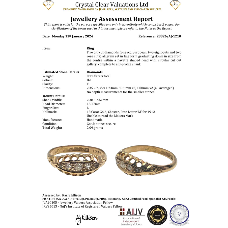 The Antique 1912 Five Old Cut Diamond Boat Ring - Antique Jewellers