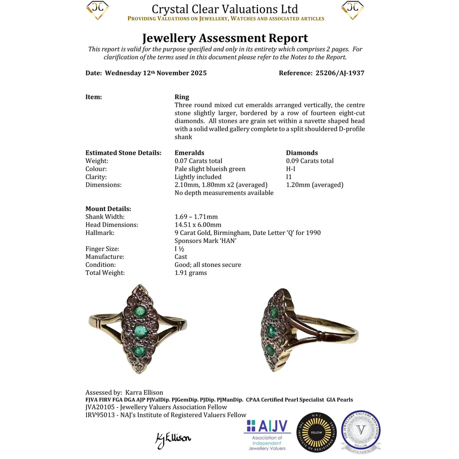 The Vintage 1990 Emerald And Diamond Navette Ring