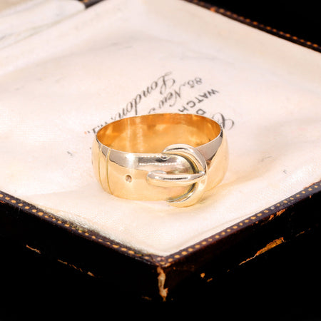 Antique 9ct gold belt buckle ring, hallmarked 1917, with wide polished band and prominent buckle clasp featuring tongue and keeper loop in relief