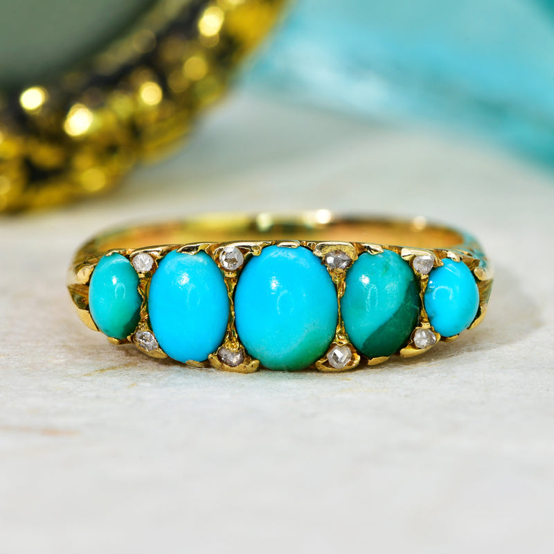 Victorian five stone turquoise and rose cut diamond ring in 18ct yellow gold, circa 1898, with graduated turquoise cabochons and diamond spacers