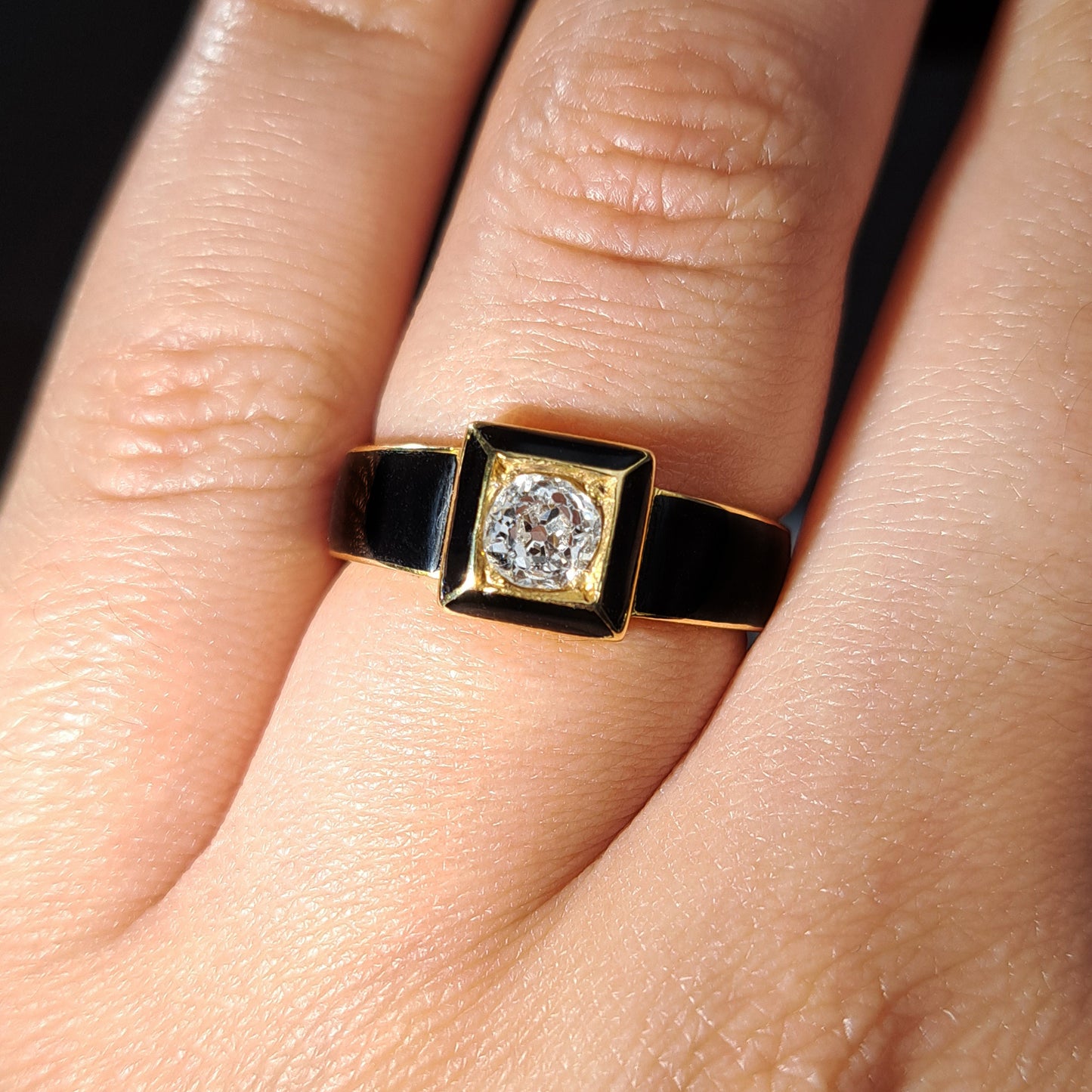 The Antique Black Enamel and Cushion Cut Diamond Mourning Ring
