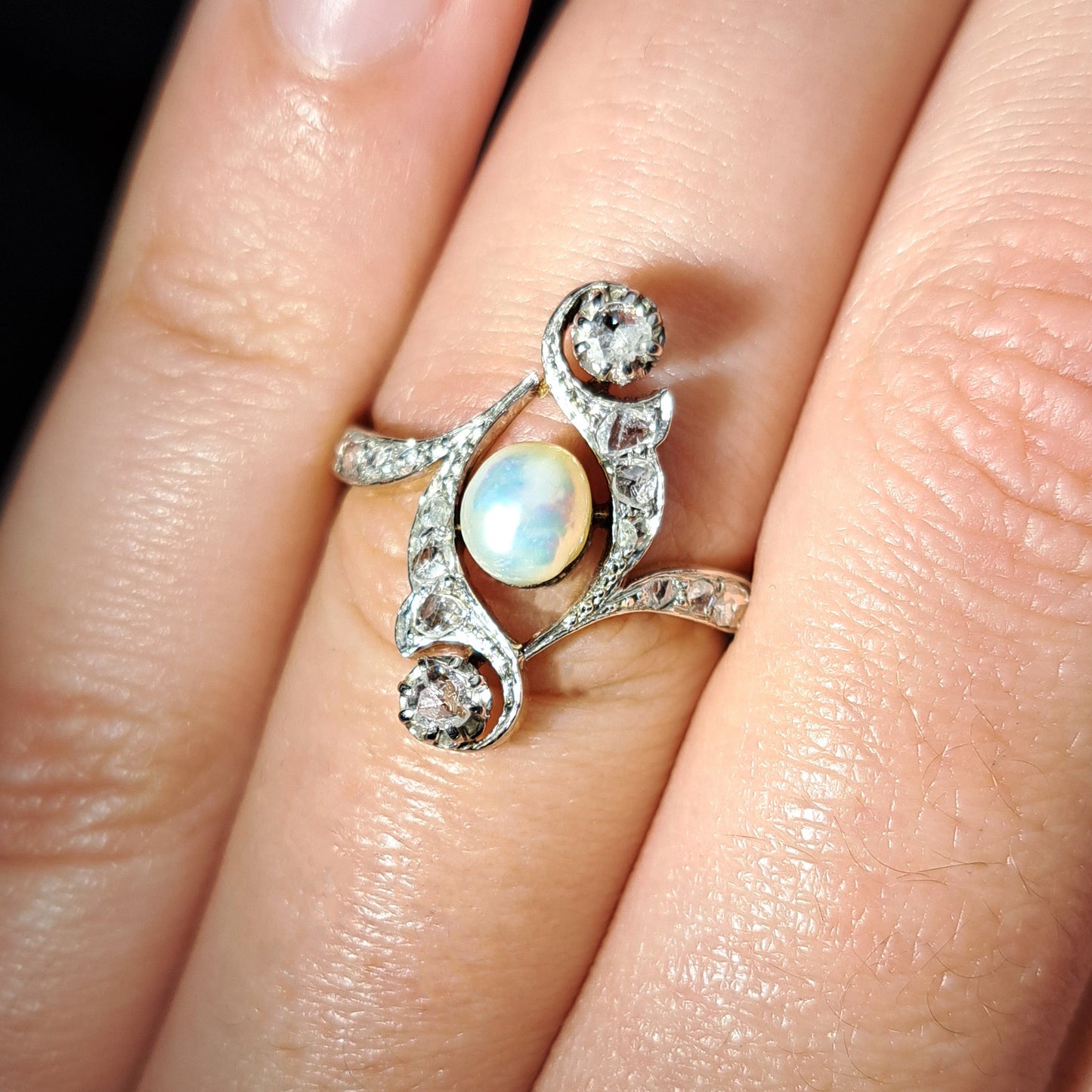 The Antique 1917 Baroque Pearl and Rose Cut Diamond Elaborate Ring