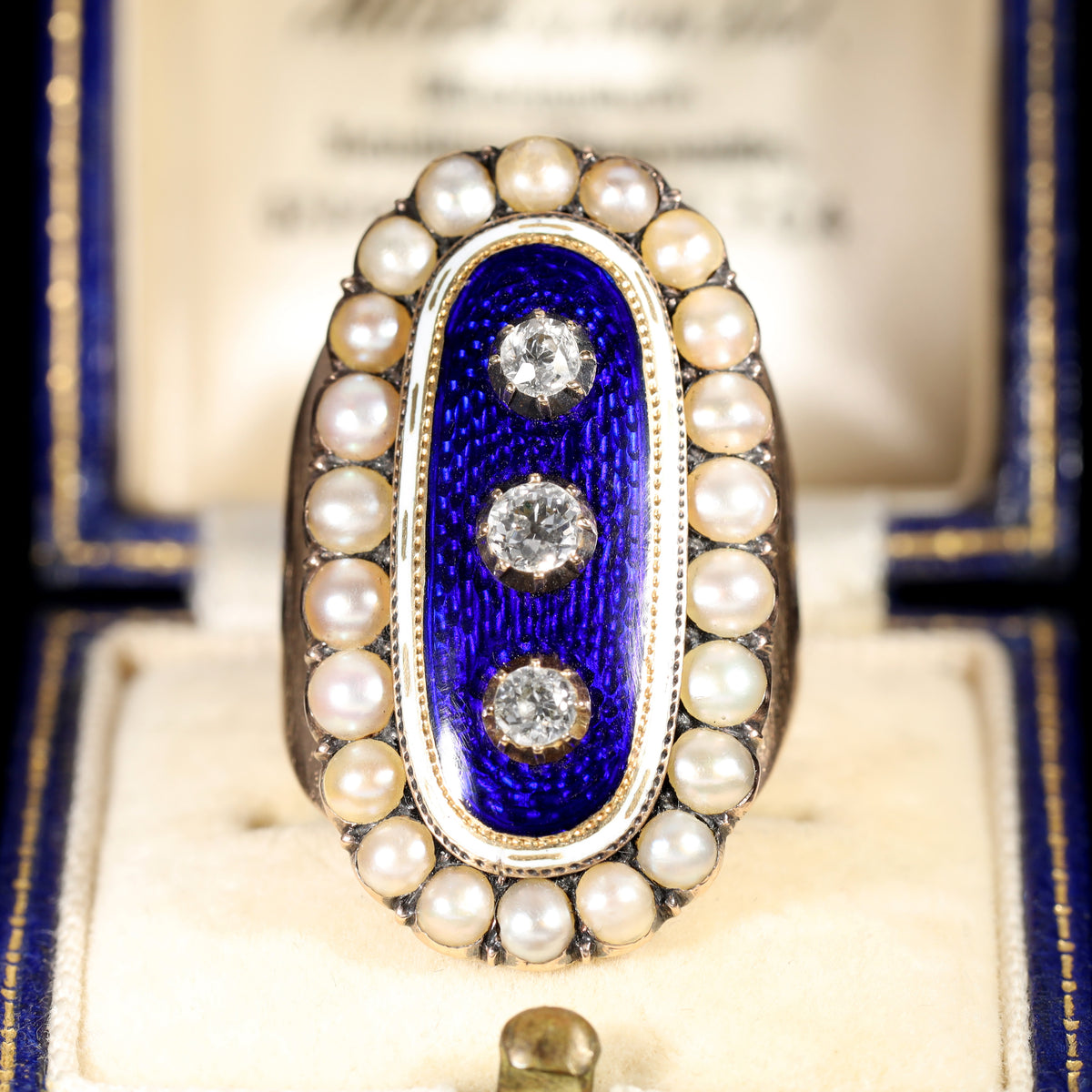 The Antique 1789 Georgian Diamond, Pearl and Enamel Mourning Ring