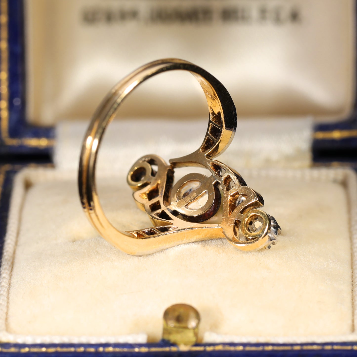 The Antique 1917 Baroque Pearl and Rose Cut Diamond Elaborate Ring