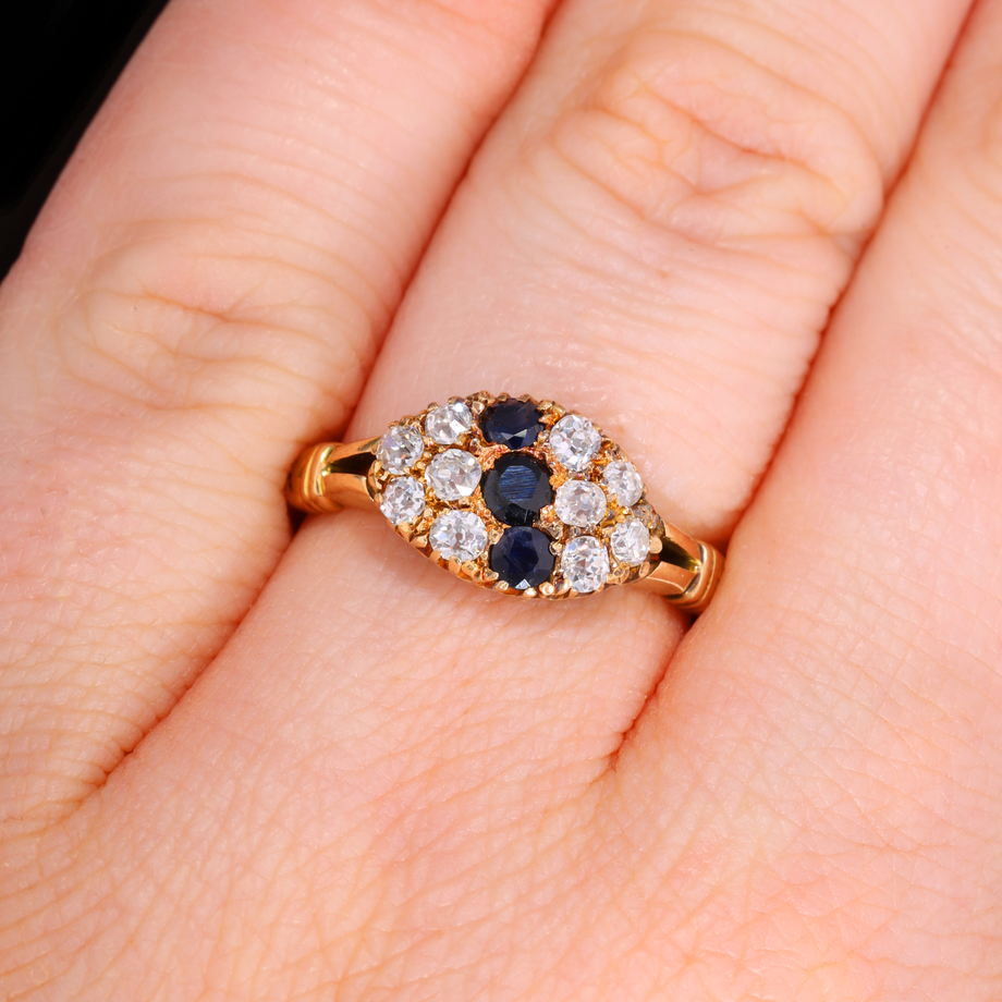 The Antique Victorian Sapphire and Old Cut Diamond Cluster Ring