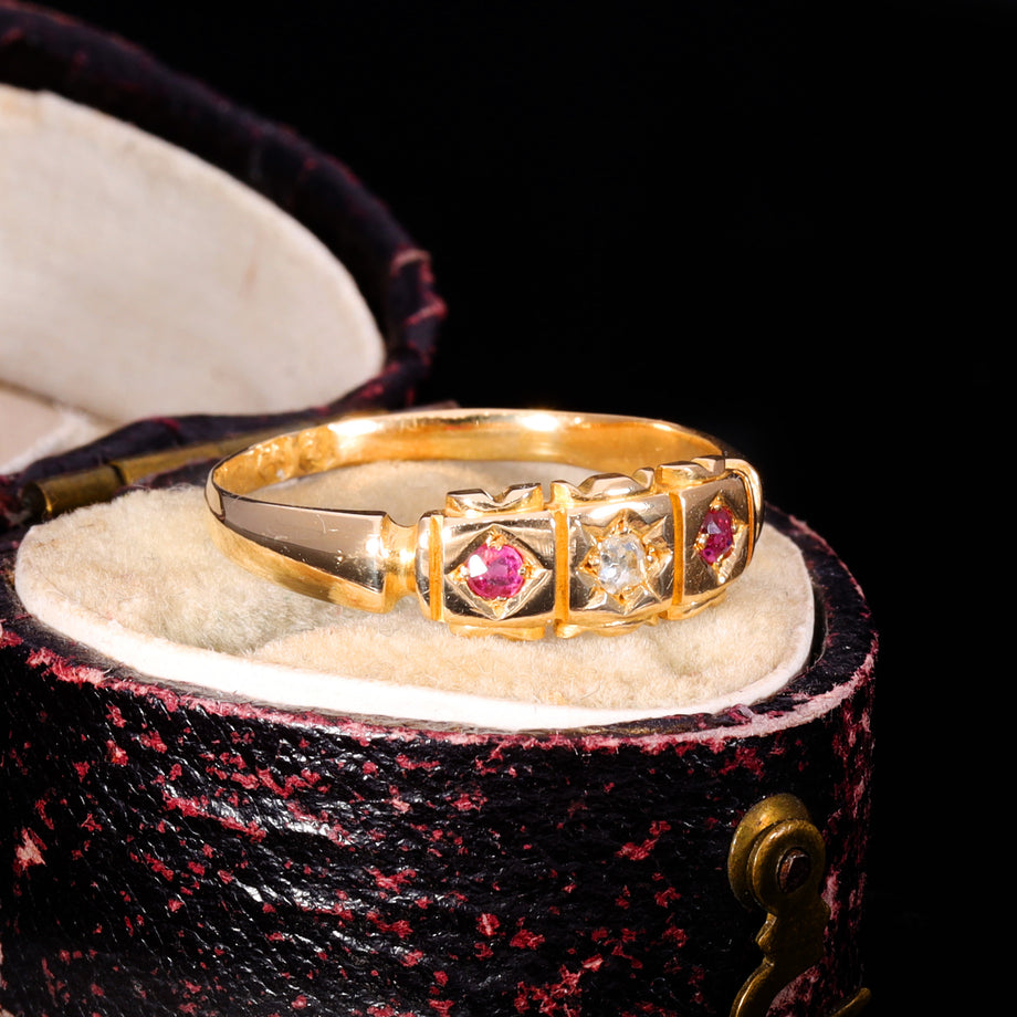 The Antique Victorian 1883 Diamond And Ruby Three Stone Ring