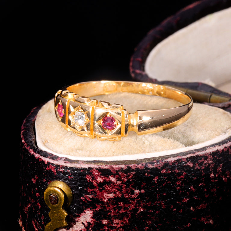 The Antique Victorian 1883 Diamond And Ruby Three Stone Ring