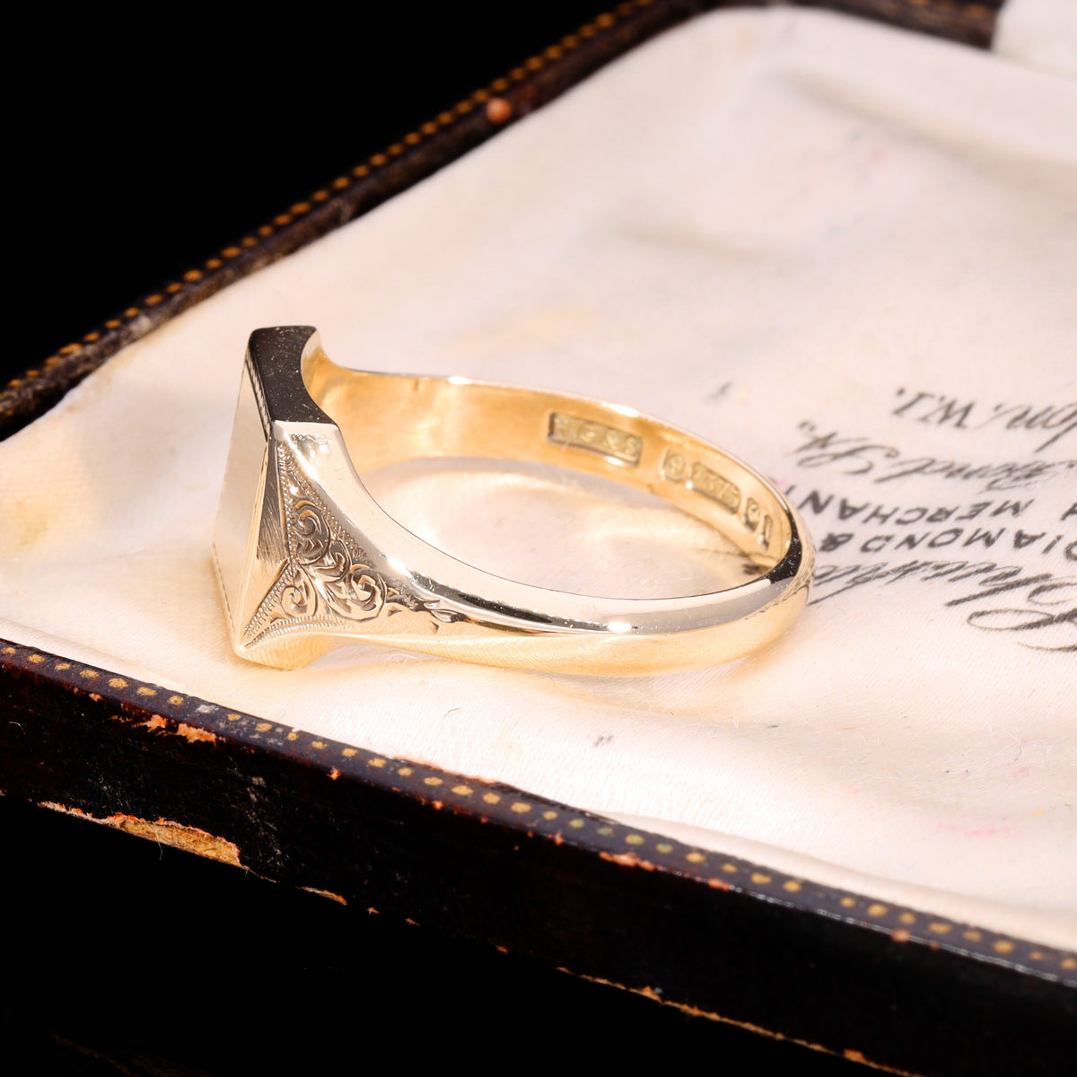 The Vintage 1952 9ct Gold Square Foliate Shoulder Signet Ring