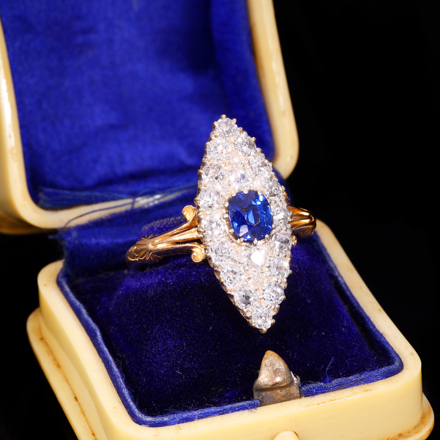 The Antique Victorian Sapphire And Old Cut Diamond Navette Ring