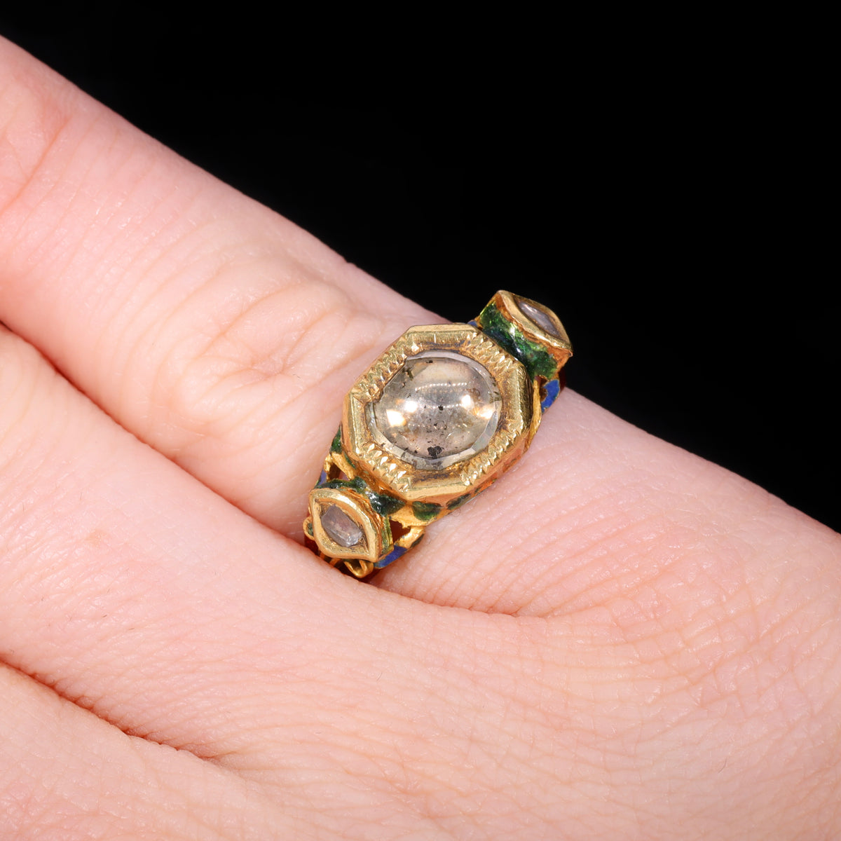 The Antique 19th Century Northern Indian Mughal Diamond And Enamel Meenakari Ring