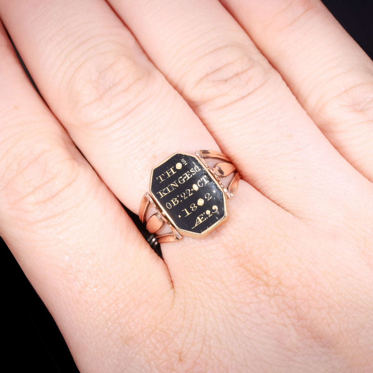 The Antique Georgian 1802 Swivel Brunette Hairwork Enamel Mourning Ring