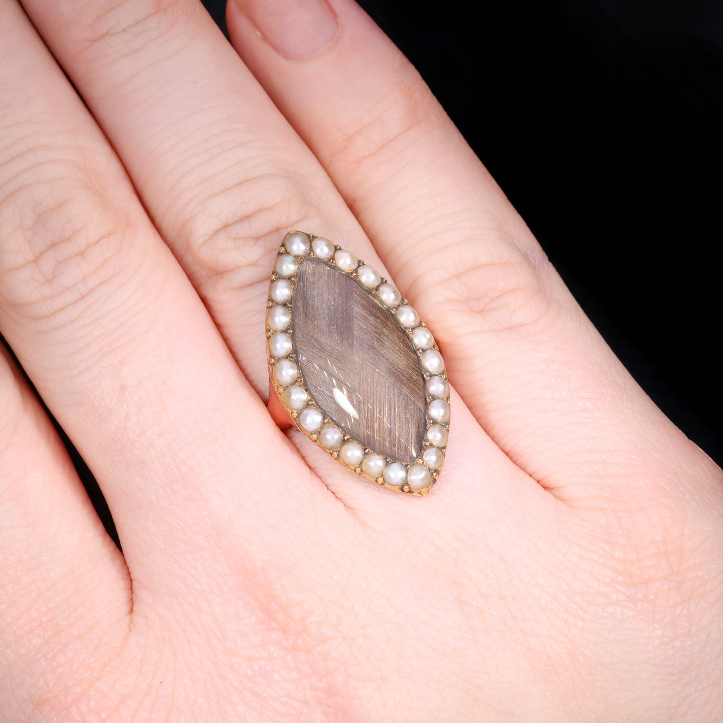 The Antique Early Victorian Hairwork And Pearl Navette Mourning Ring