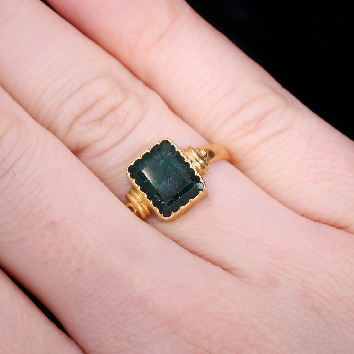 The Antique 19th Century Step Cut Emerald Crimped Edge Ring