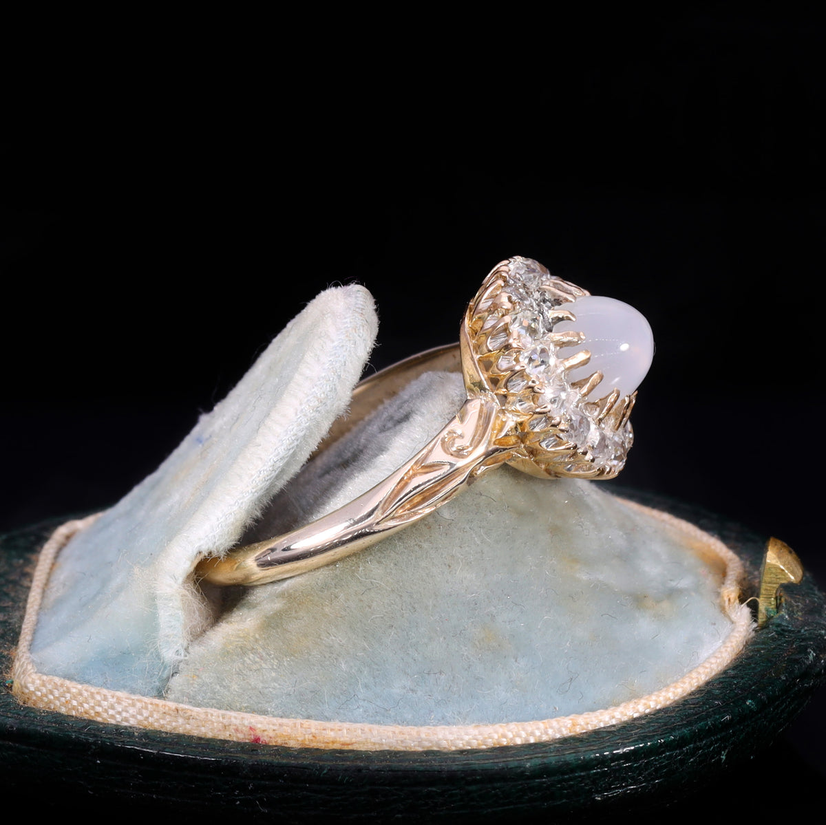 The Antique Victorian Moonstone and Old Cut Diamond Cluster Ring