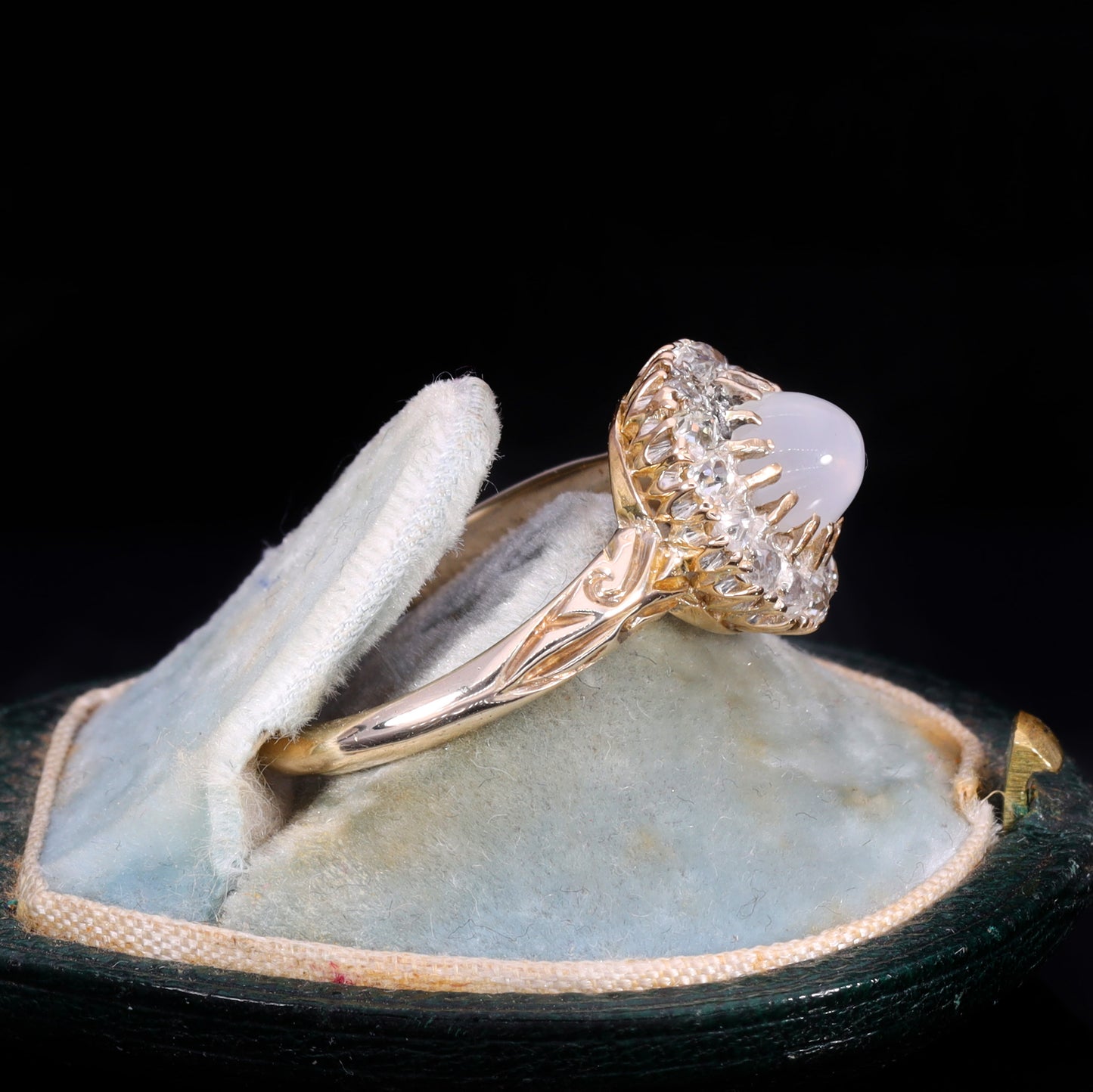 The Antique Victorian Moonstone and Old Cut Diamond Cluster Ring