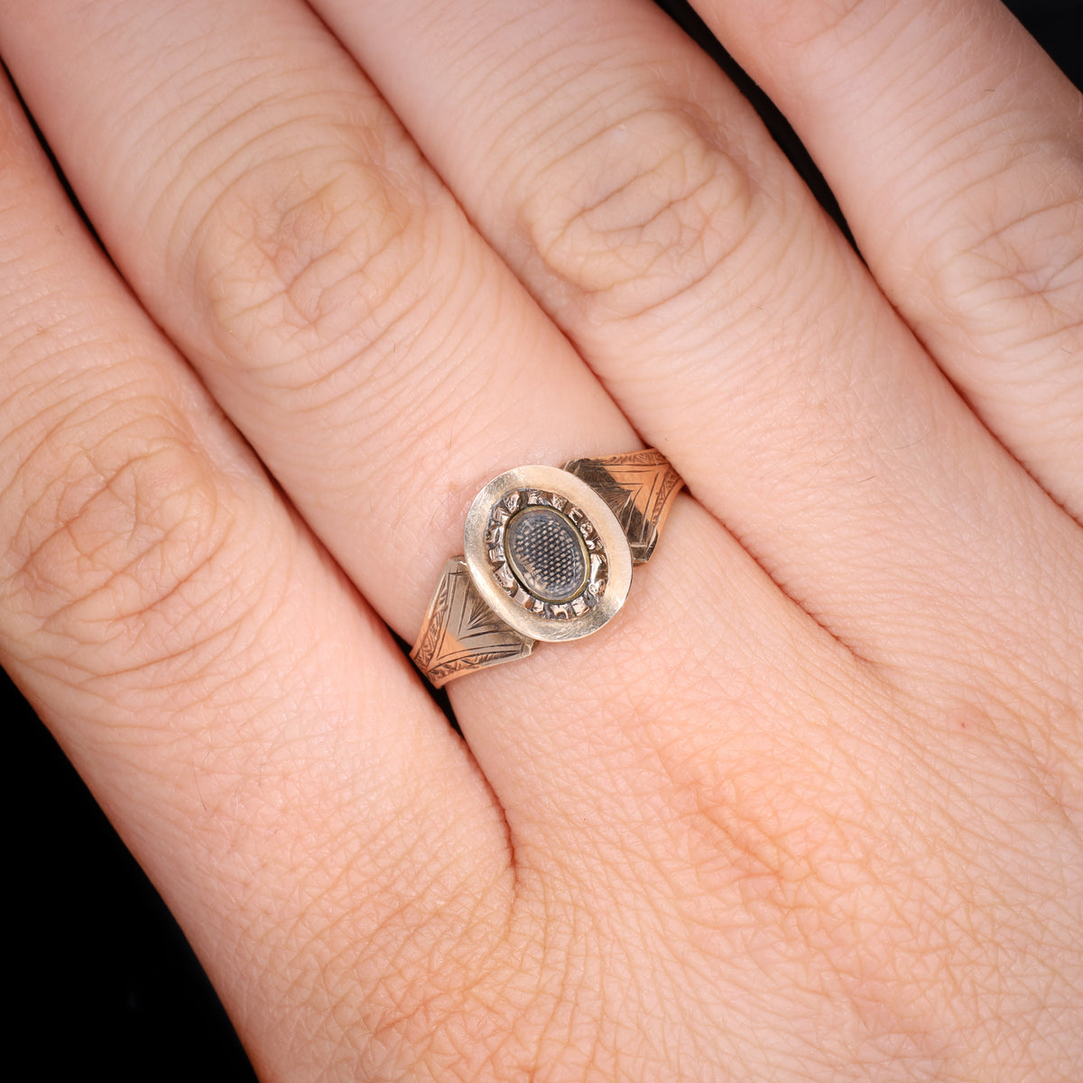 The Antique Victorian 1899 Engraved Shoulder Hairwork Mourning Ring