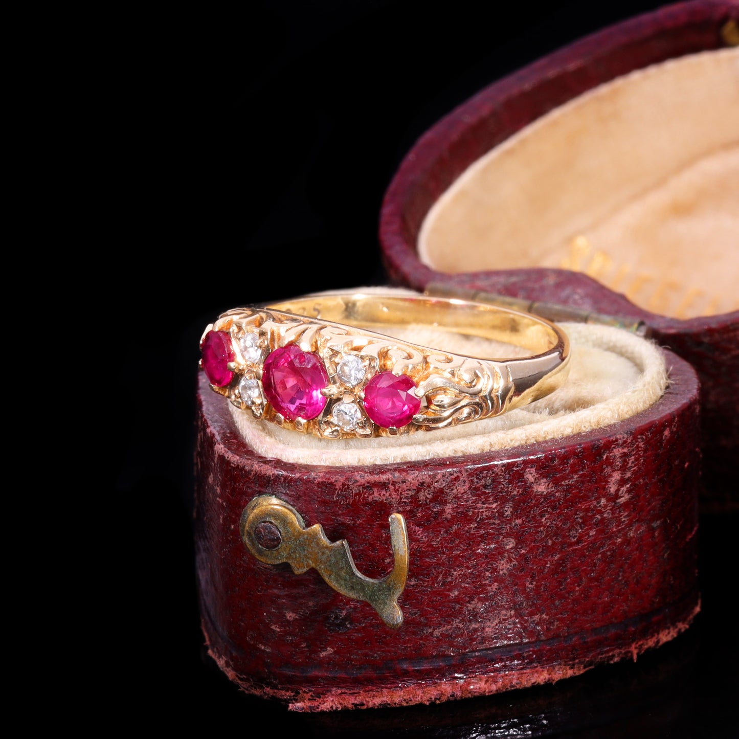 The Vintage 9ct Gold Three Ruby And Diamond Scrollwork Ring