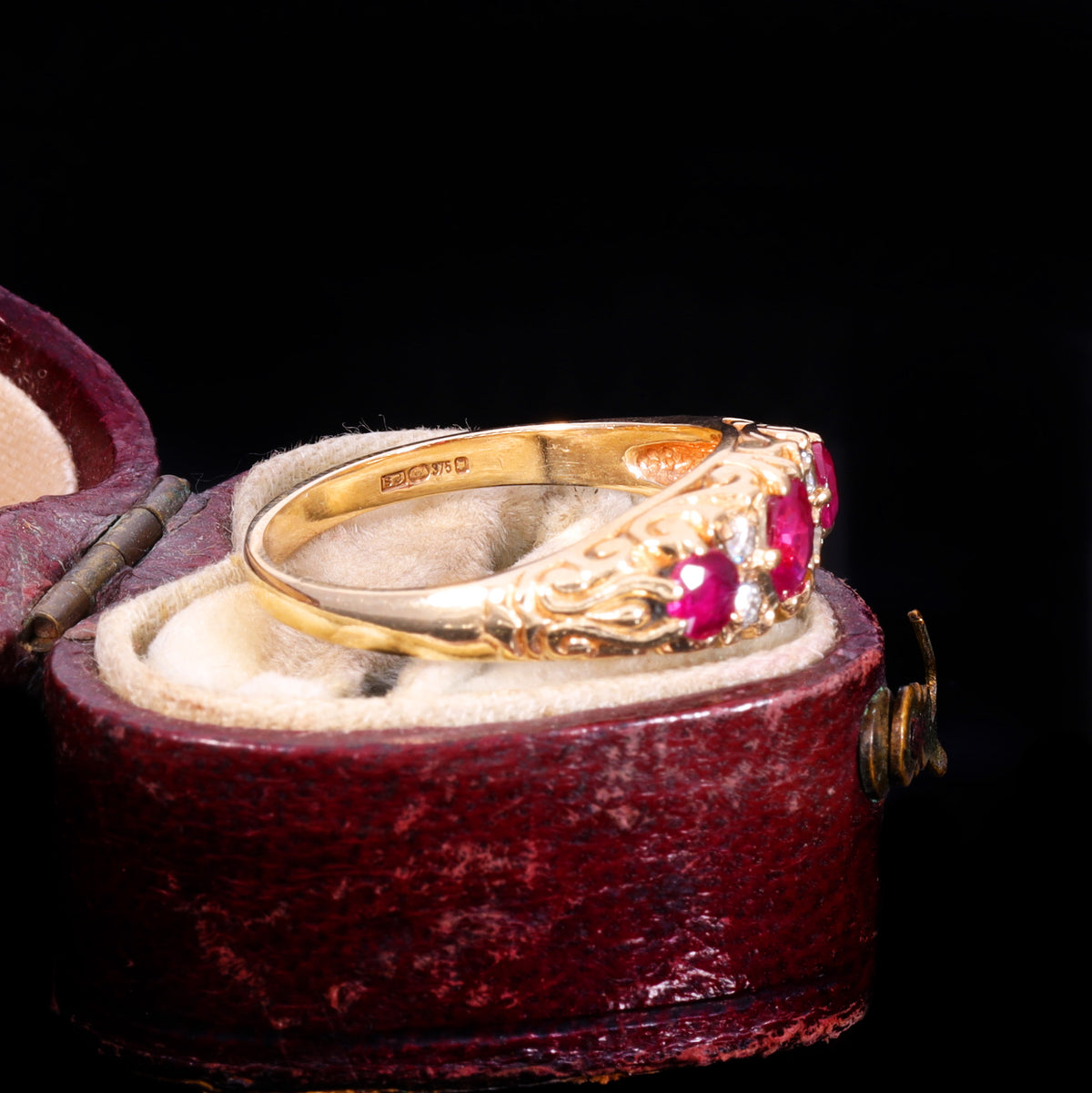 The Vintage 9ct Gold Three Ruby And Diamond Scrollwork Ring