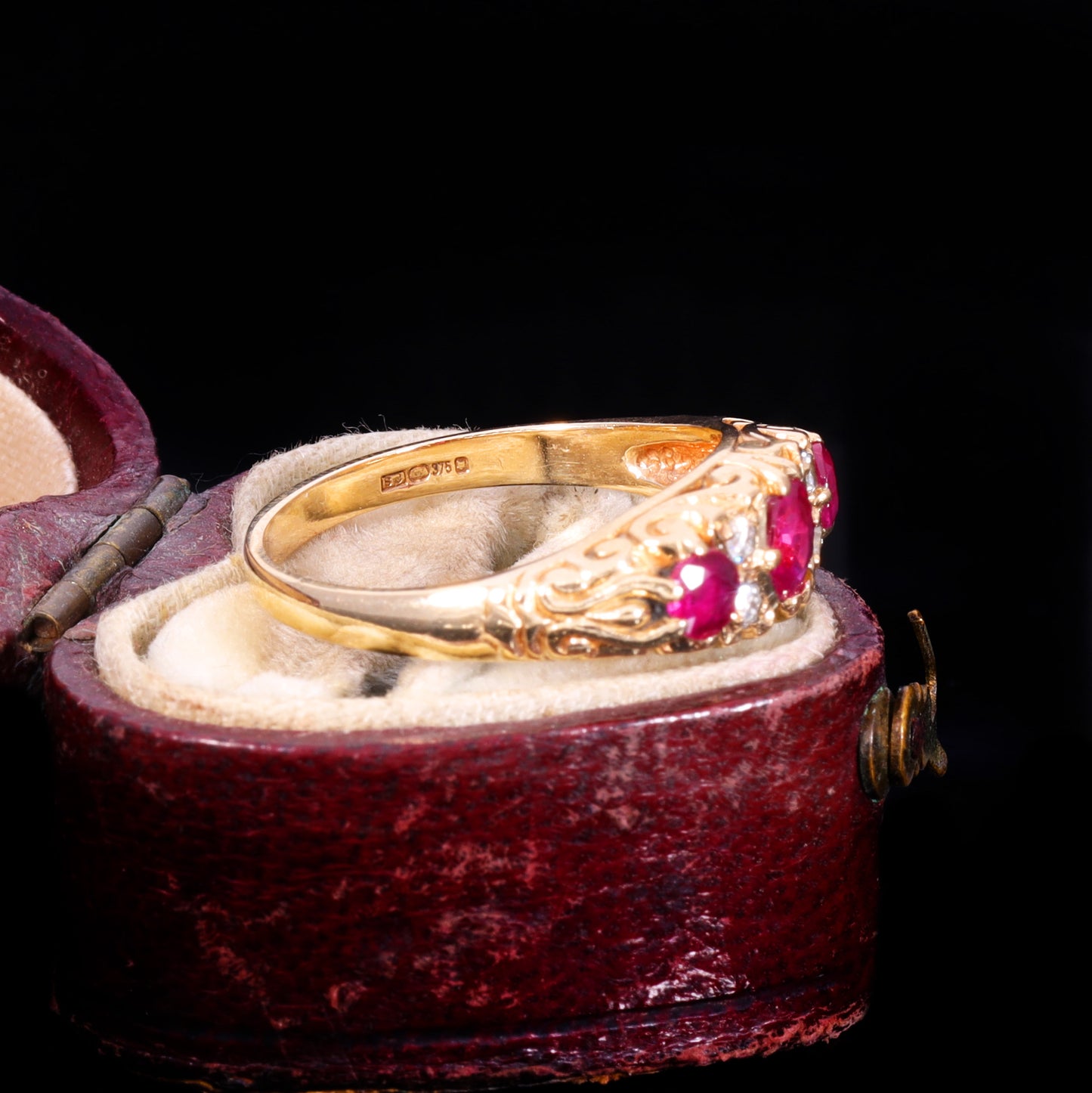 The Vintage 9ct Gold Three Ruby And Diamond Scrollwork Ring