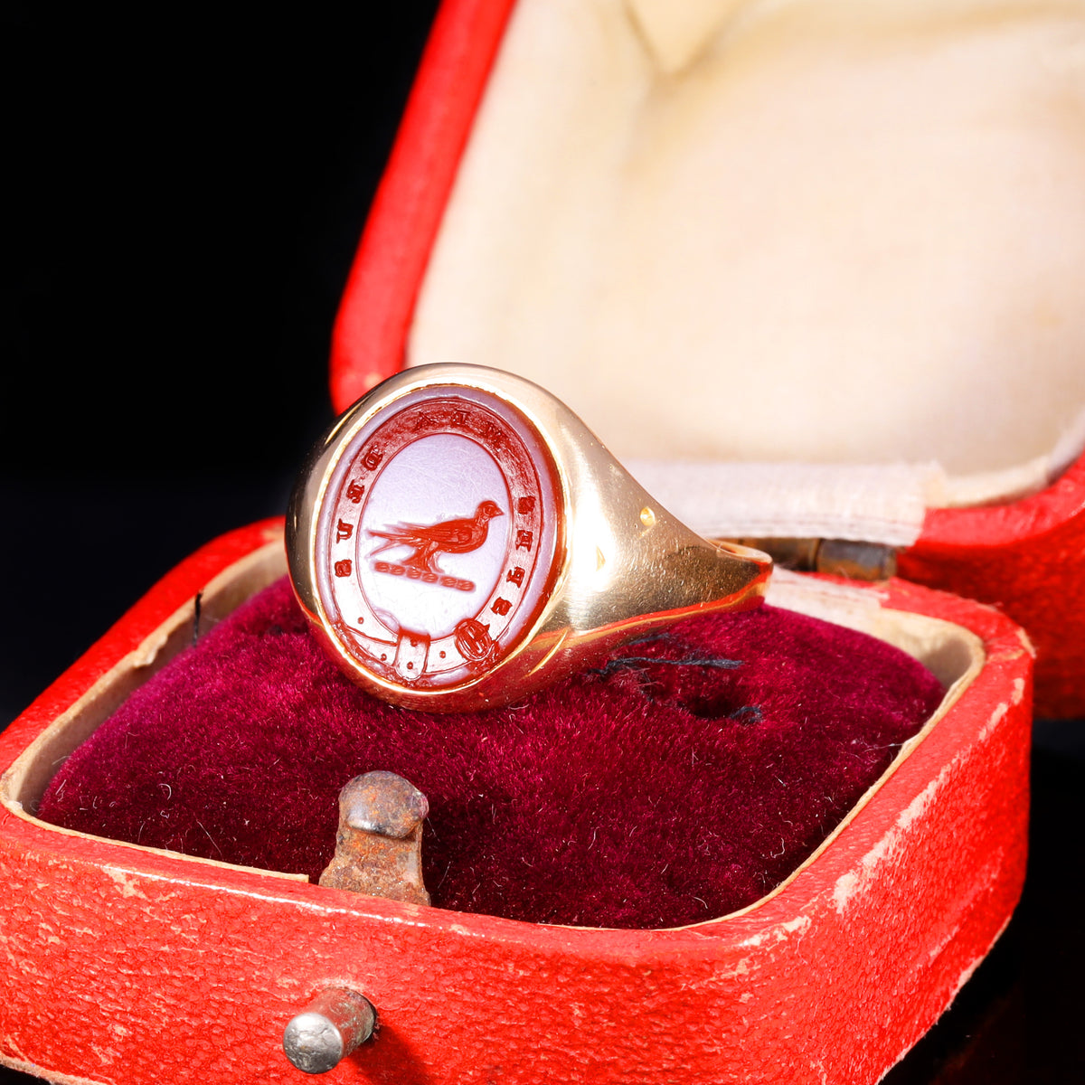 The Antique Victorian "Spes Mea Deus" Bird And Buckle Signet Ring