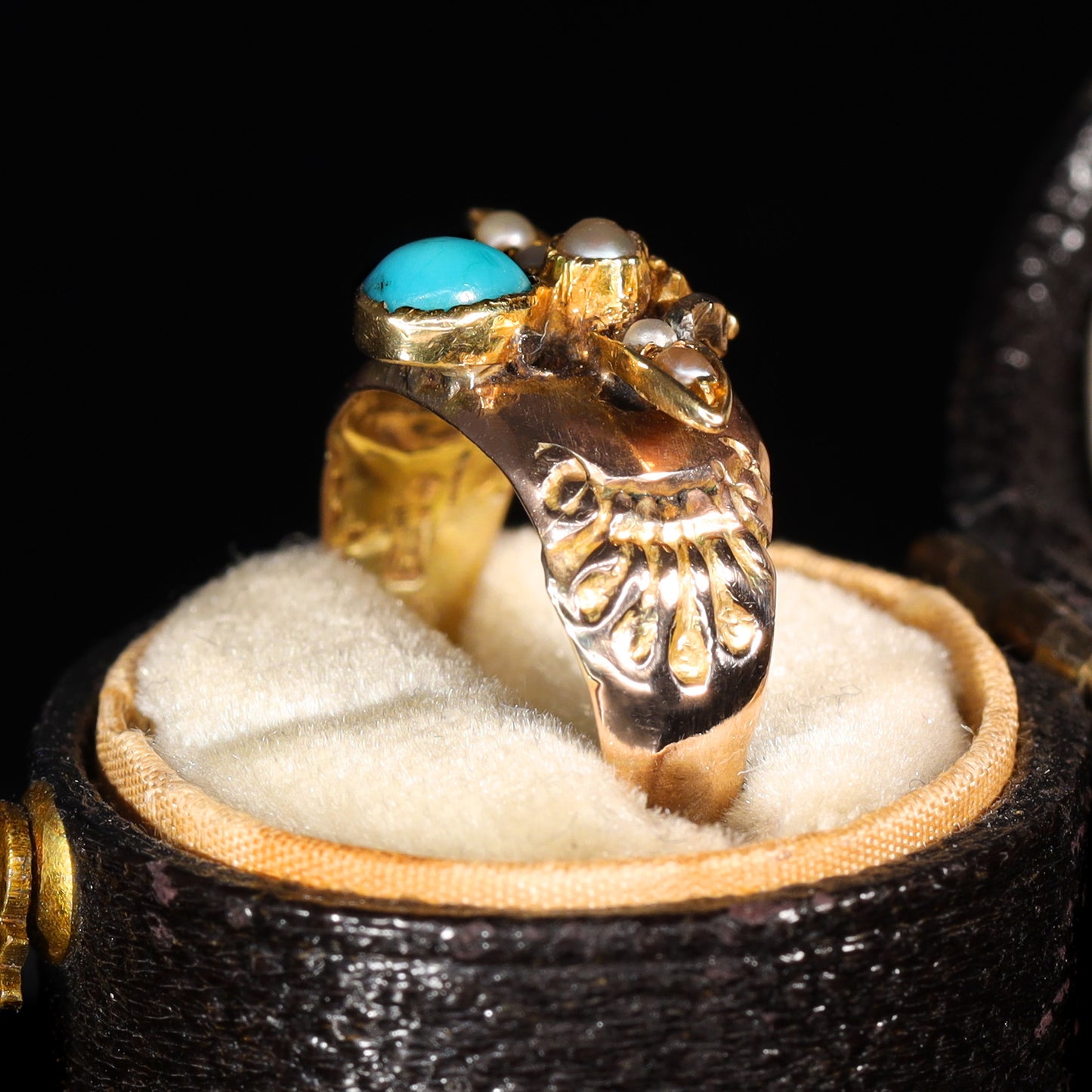 The Antique Early 20th Century Turquoise and Split Pearl Fly Ring