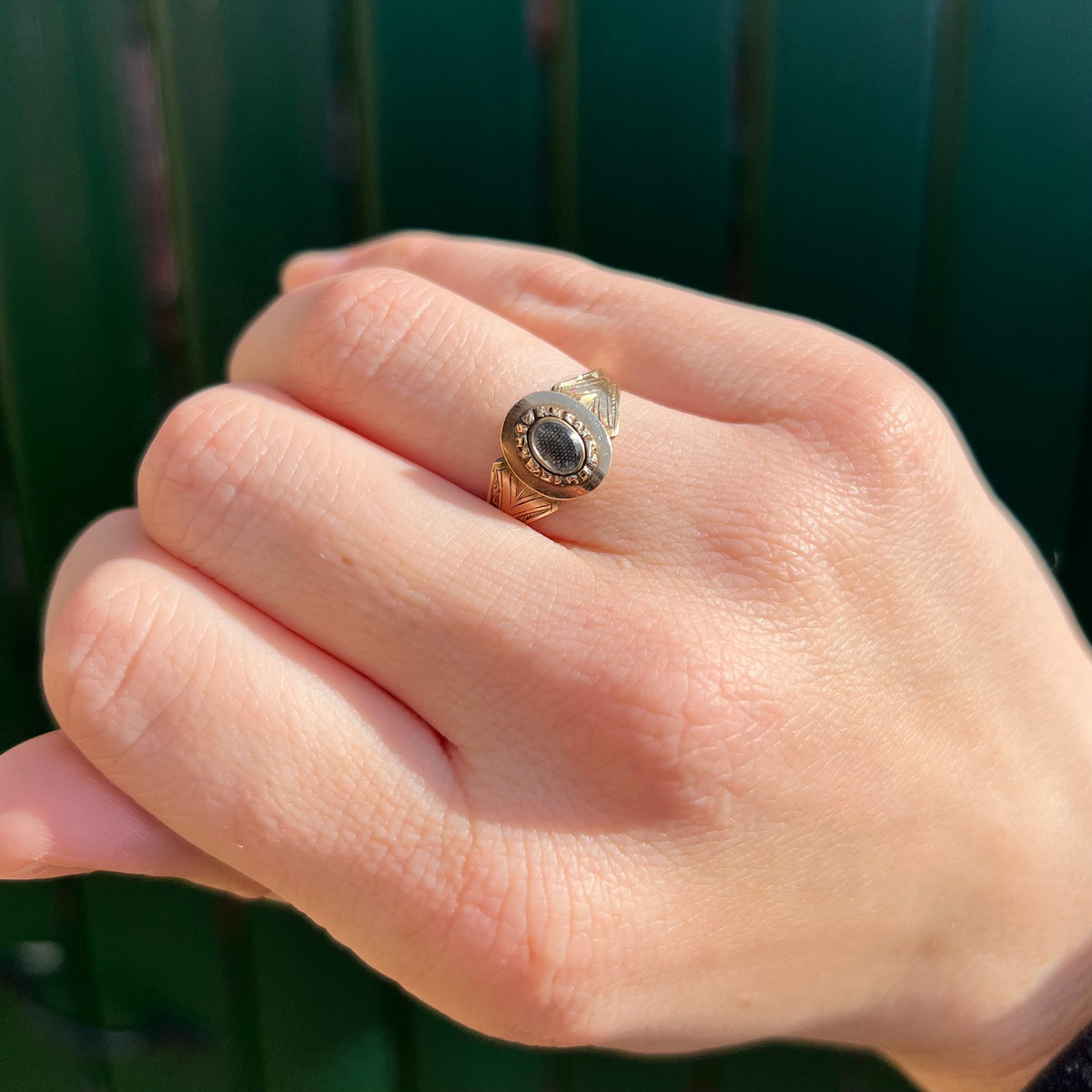 The Antique Victorian 1899 Engraved Shoulder Hairwork Mourning Ring