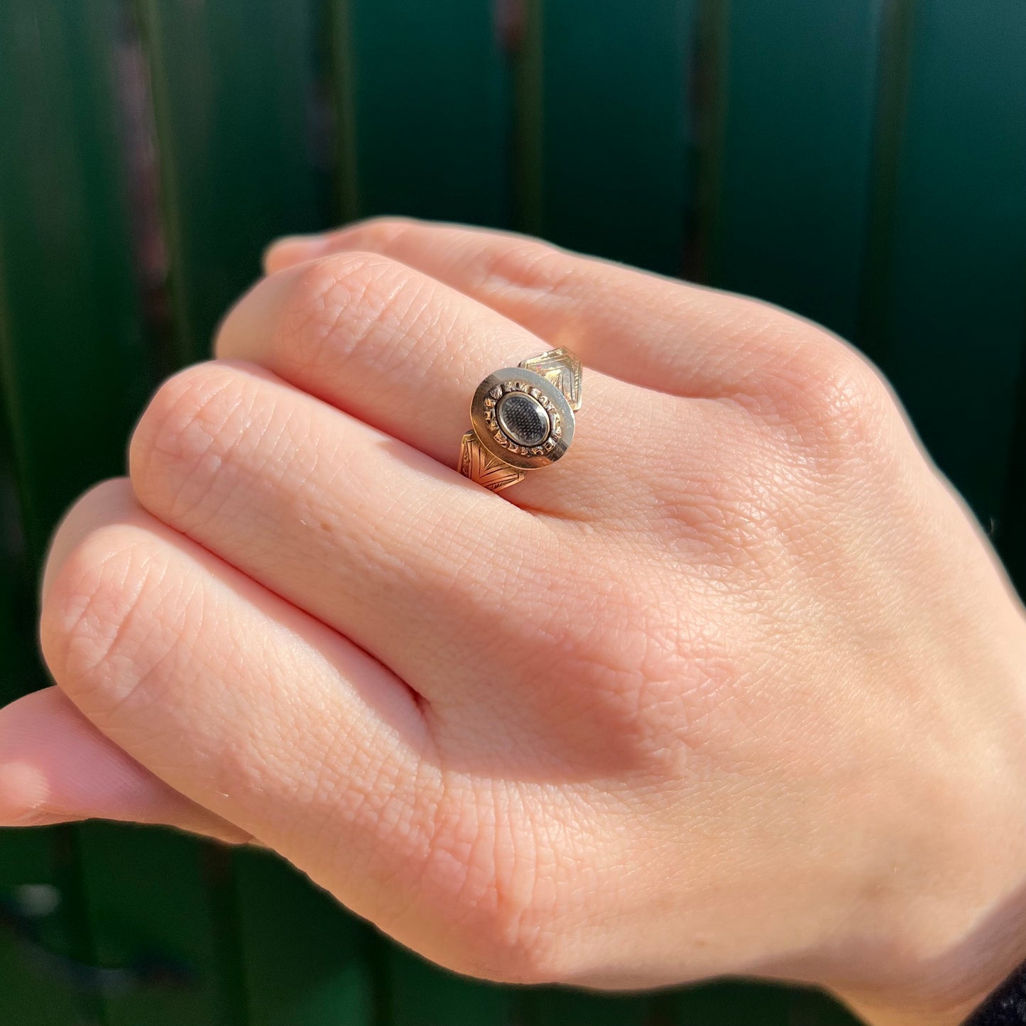 The Antique Victorian 1899 Engraved Shoulder Hairwork Mourning Ring