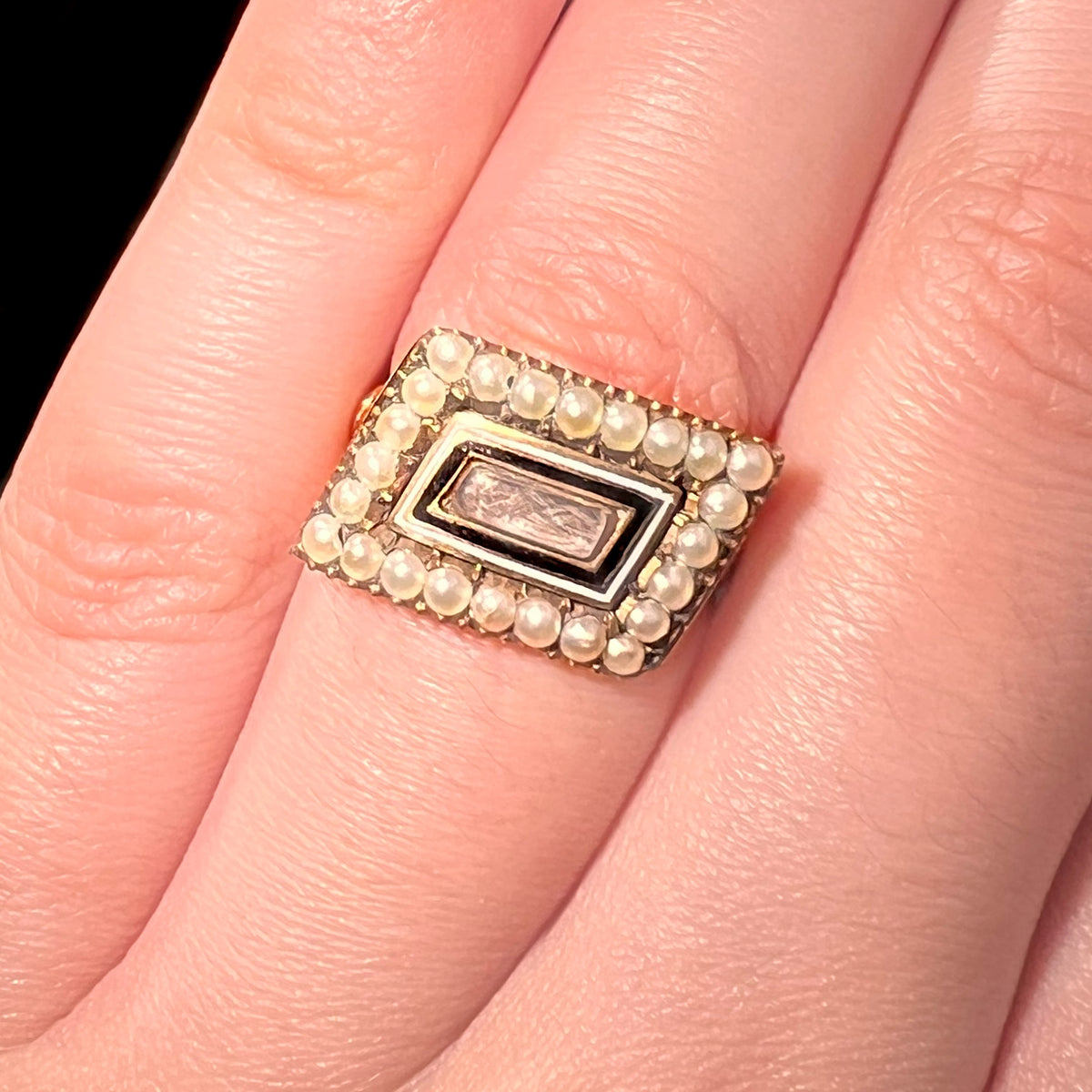 The Antique Georgian 1810 Hairwork, Enamel and Pearl Mourning Ring