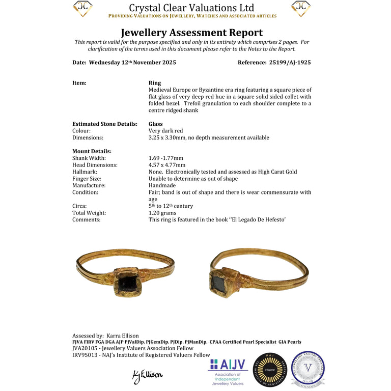 The Ancient Medieval Byzantine Gold And Deep Red Glass Ring