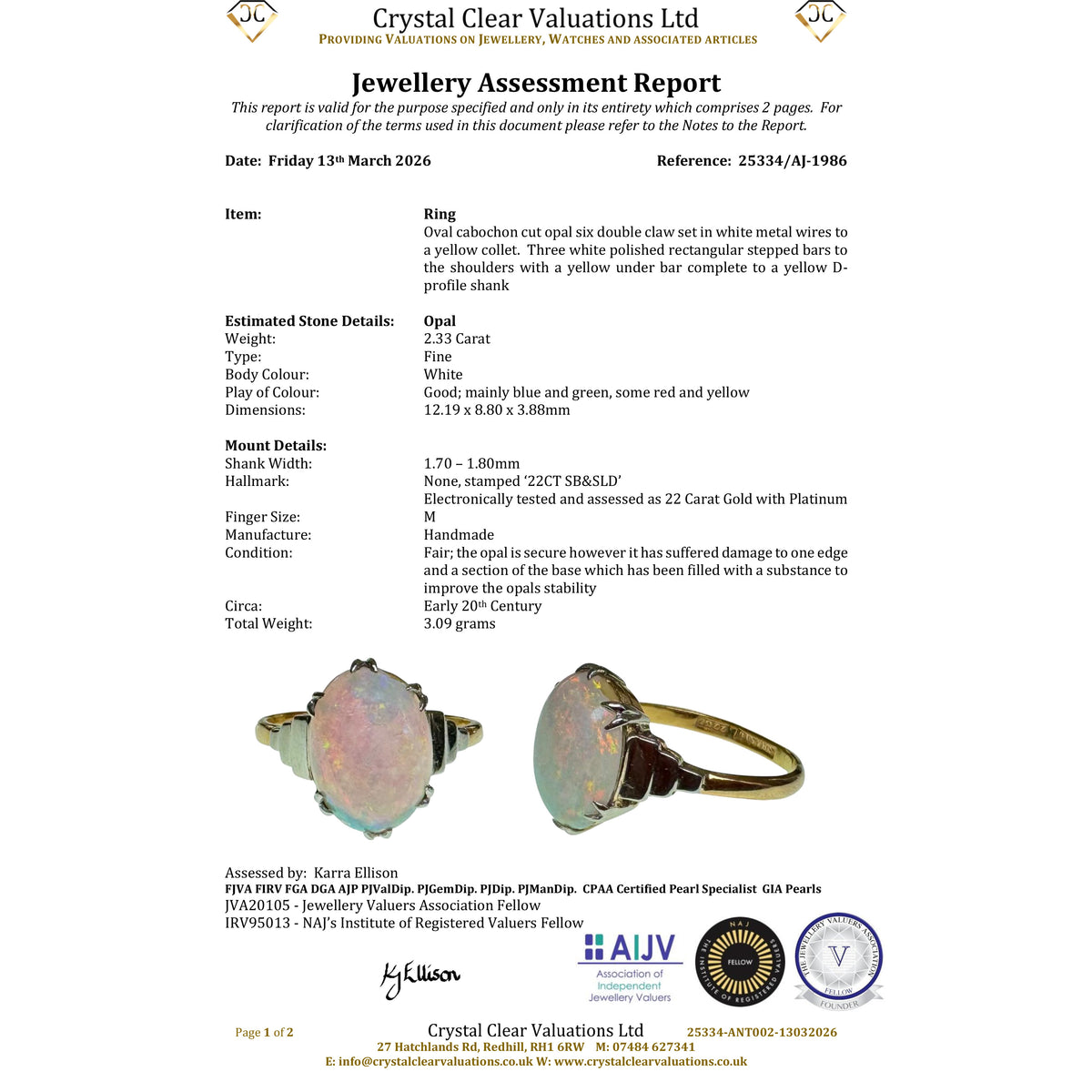 Jewellery assessment report for a ring with opal stone, featuring Crystal Clear Valuations Ltd branding.