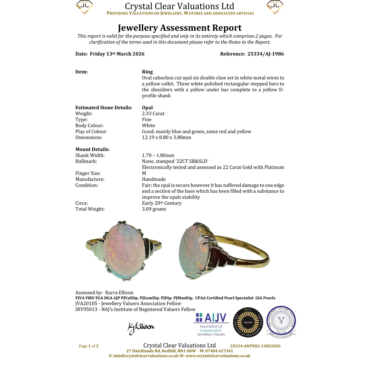 Jewellery assessment report for a ring with opal stone, featuring Crystal Clear Valuations Ltd branding.