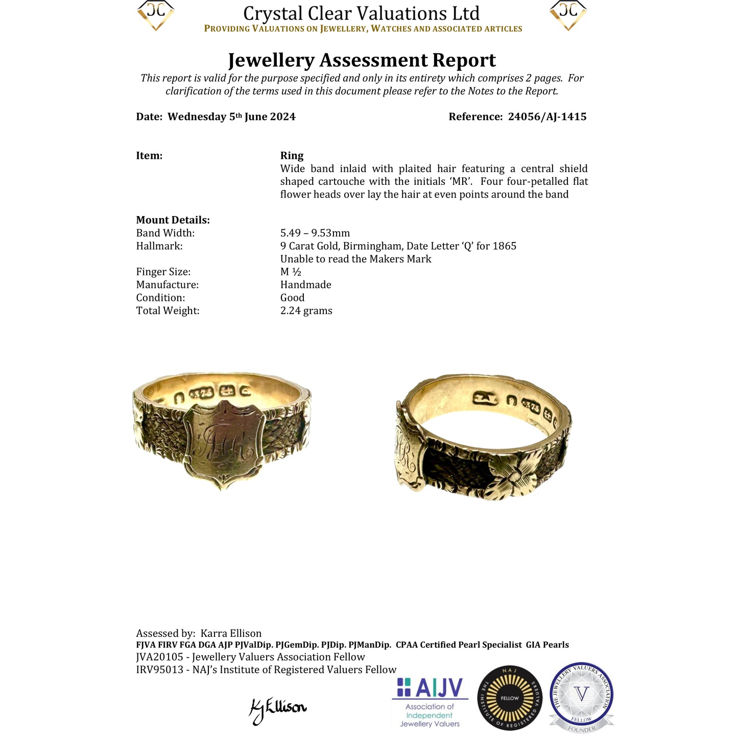 The Antique Victorian 'M.R' Initials and Hairwork Mourning Ring