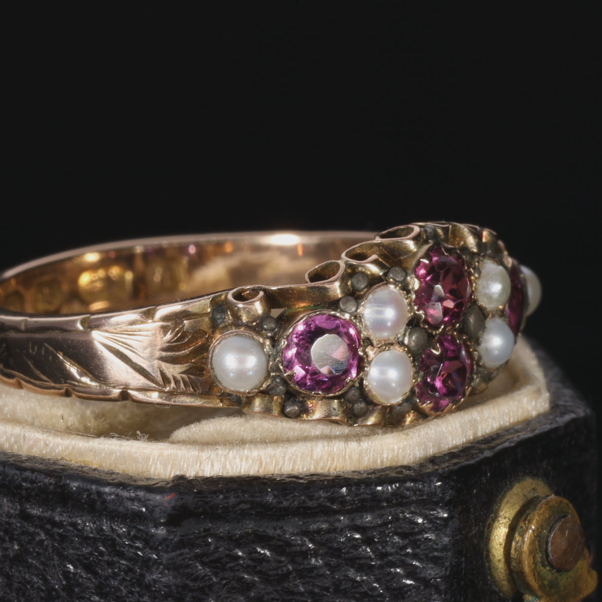 The Antique Victorian 1875 Almandine Garnet and Seed Pearl Ring
