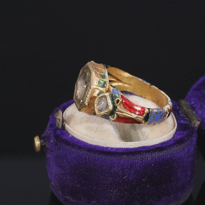 The Antique 19th Century Northern Indian Mughal Diamond And Enamel Meenakari Ring